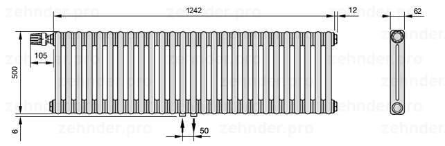 Схема (чертеж) Радиатор Zehnder Charleston 2050/27 №V007 Белый глянцевый RAL 9016